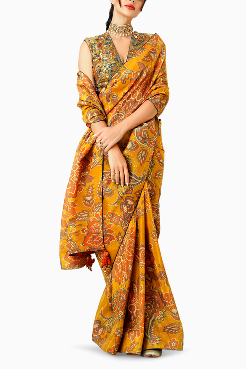 Yellow Printed Tissue Organza Saree and Blouse