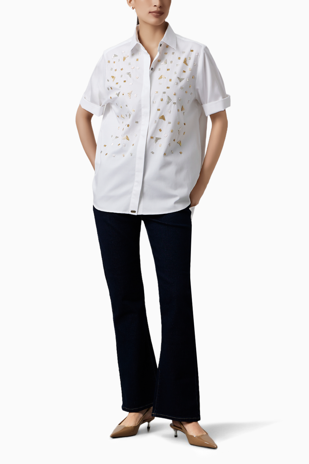 White Metallic Embroidered Shirt