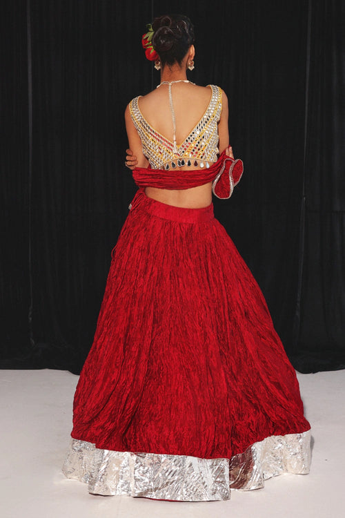 Red Crushed Silk Lehenga Set