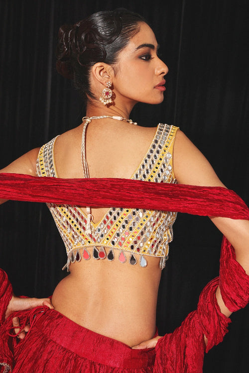 Red Crushed Silk Lehenga Set
