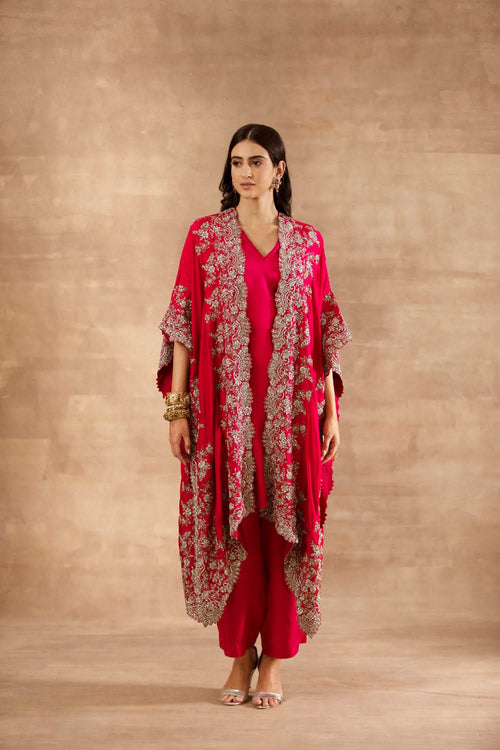 Pink Embroidered Cape with Slip and Palazzo