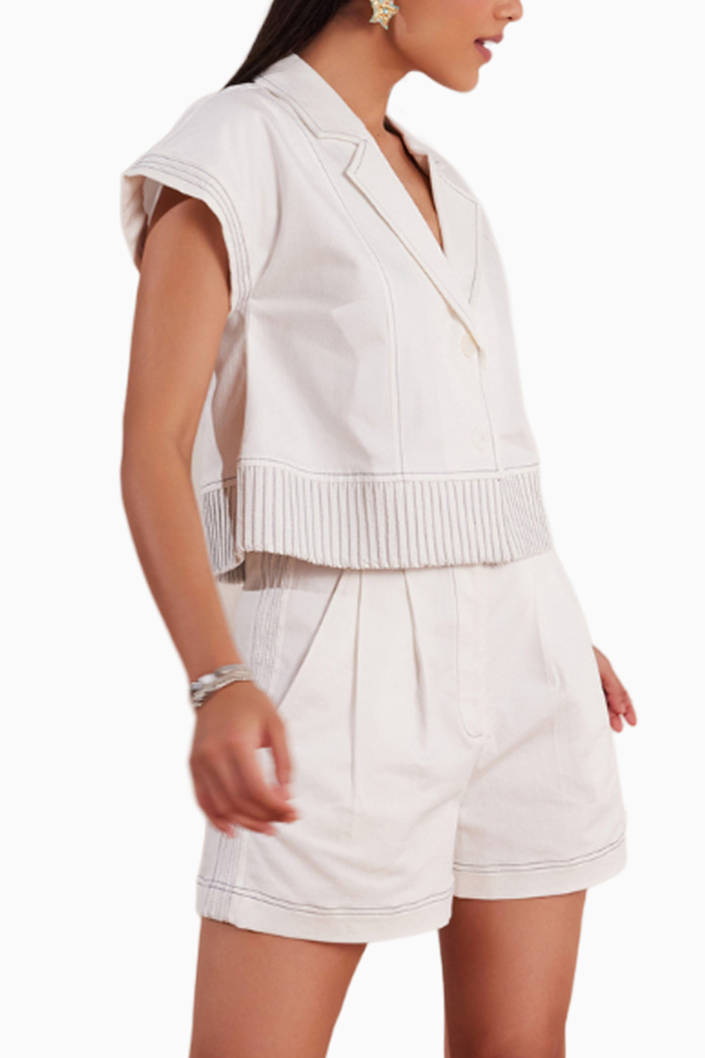 White Denim Crop Jacket and Shorts with Blue Cording Detail