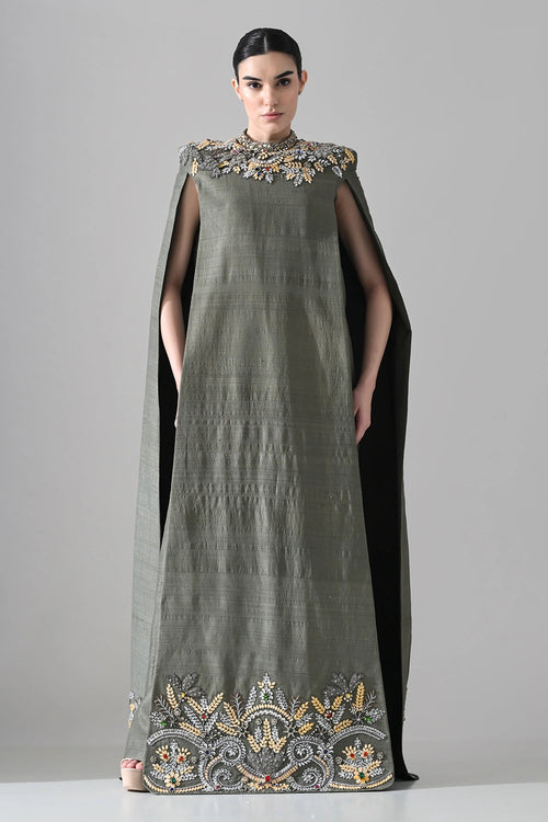 Grey Cape Dress With Hand-Embroidered Detail