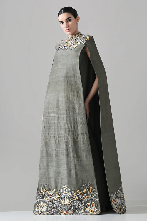 Grey Cape Dress With Hand-Embroidered Detail