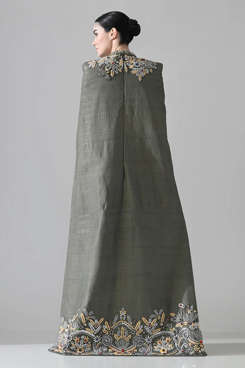 Grey Cape Dress With Hand-Embroidered Detail