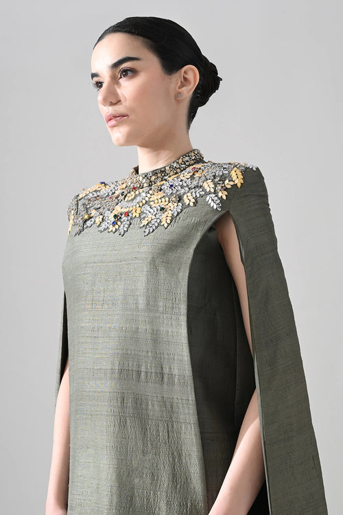 Grey Cape Dress With Hand-Embroidered Detail