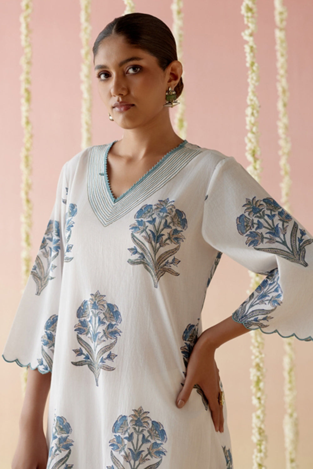 Salvia Blue Floral Buta Kurta with Wide Leg Pants