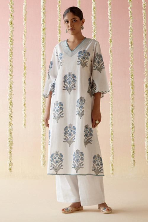 Salvia Blue Floral Buta Kurta with Wide Leg Pants