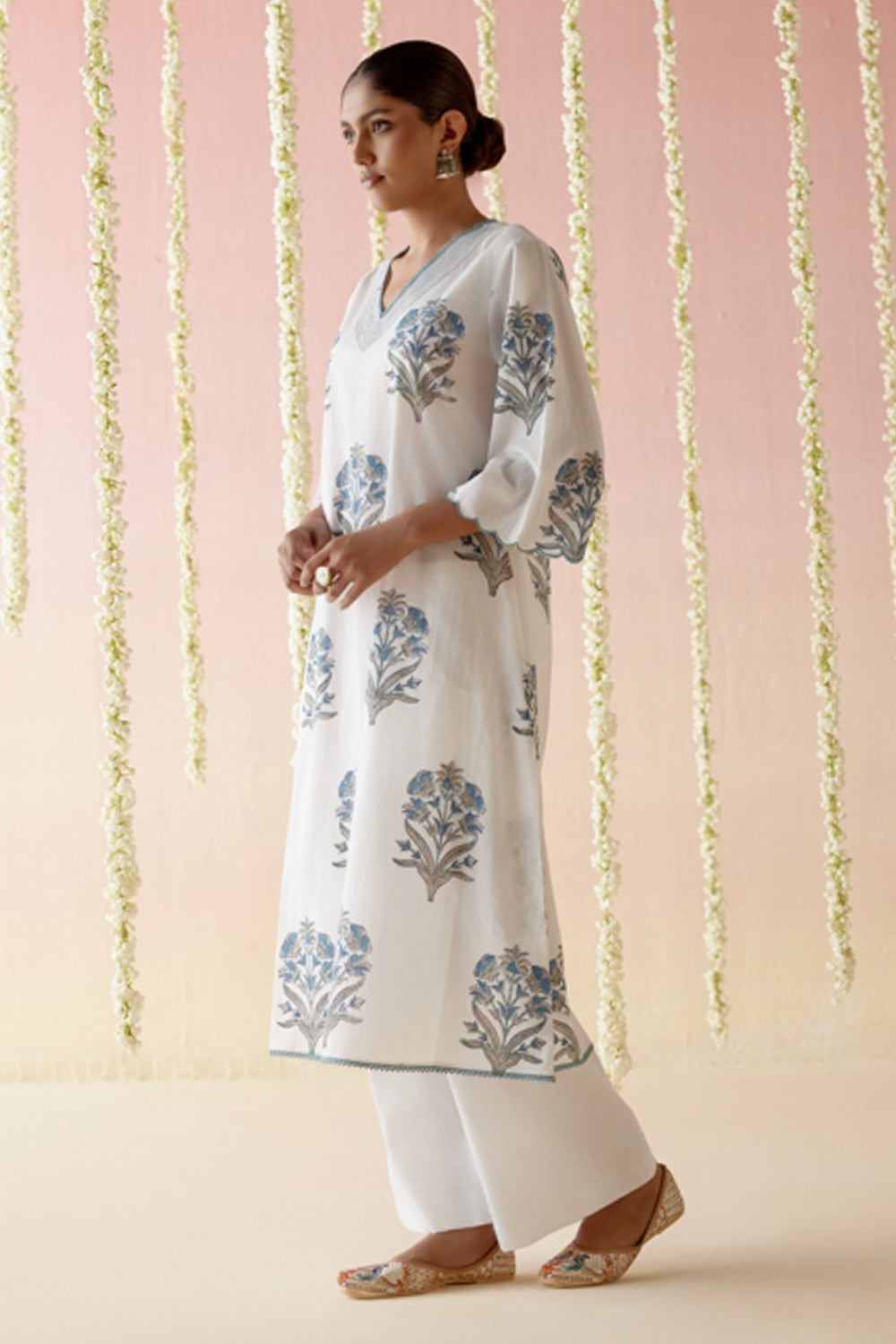 Salvia Blue Floral Buta Kurta with Wide Leg Pants