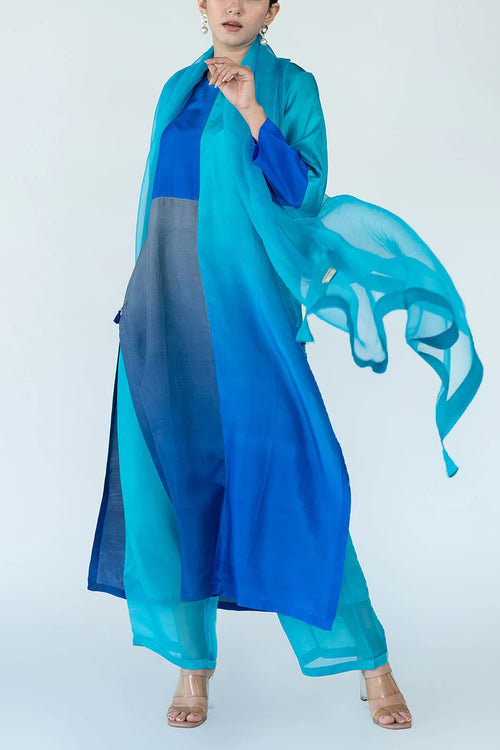 Firozi Grey Ombre Color Block Kurta Set