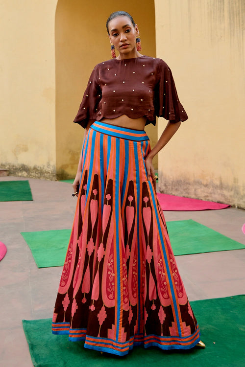 Brown Pink Kilim Lehenga Set