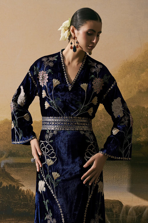 Cobalt Blue Metallic Dress Kurta With Tie-Up Belt