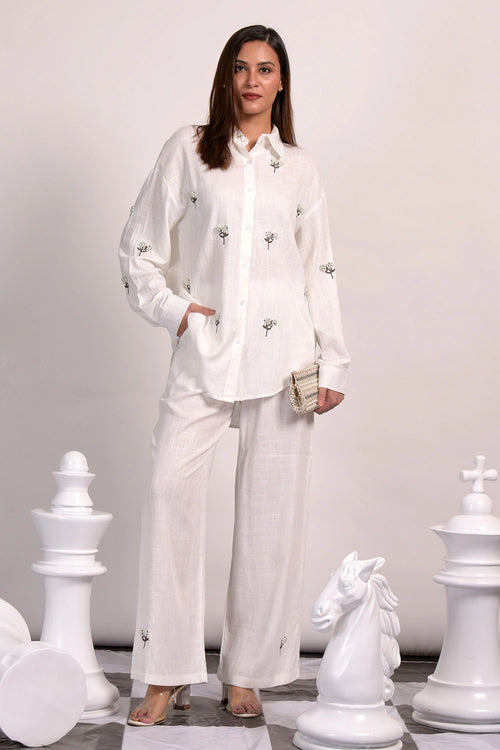 Dandelion Pearl Embroidered White Co-ord Set