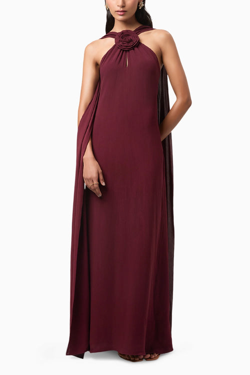 Wine Rosette Halter Maxi Gown