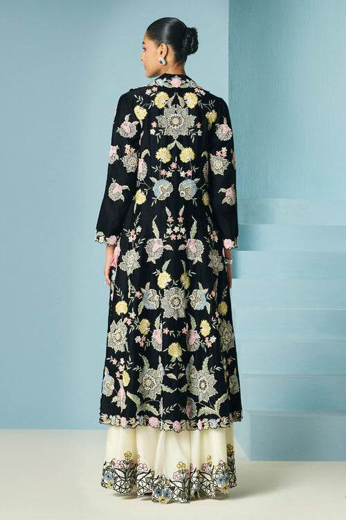 Black Multipastel Flared Long Jacket