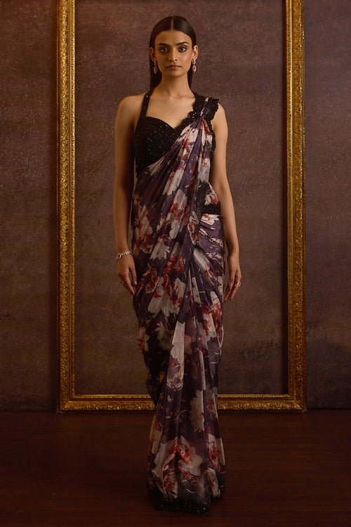 Miorah Black Embellished Printed Organza Pre Stitched Saree Set