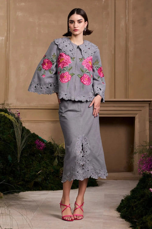 Grey Rose Short Jacket With Twill Midi Skirt