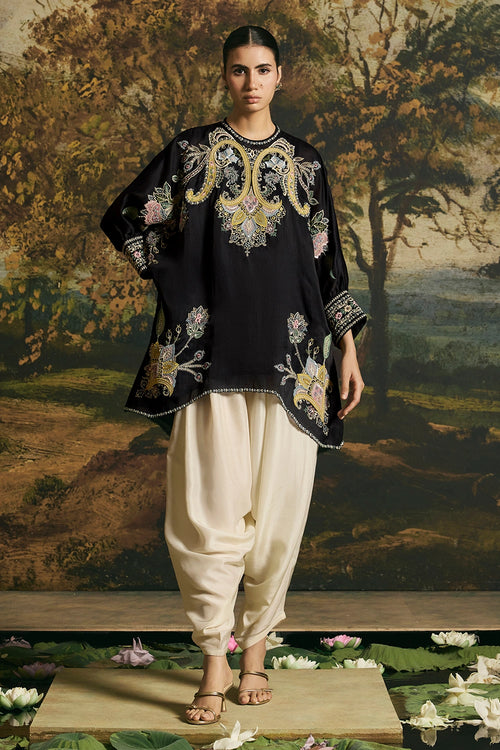 Black Contrast Paisley Detail Tunic With Harem Pants