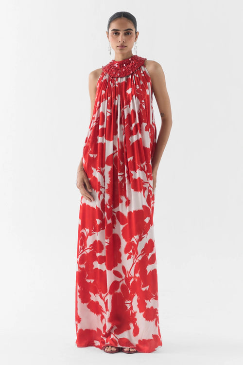 Red Ink Halter Dress With Collar