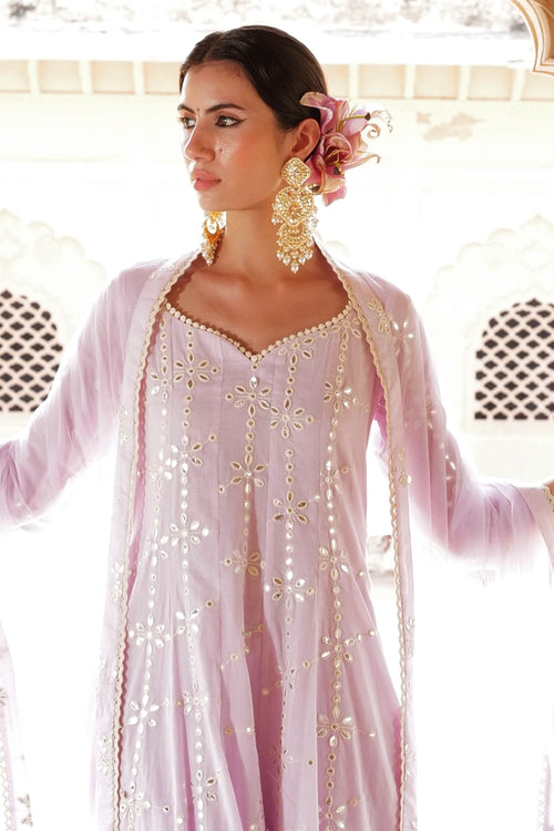 Lavender Big Flower Anarkali with Pants and Dupatta