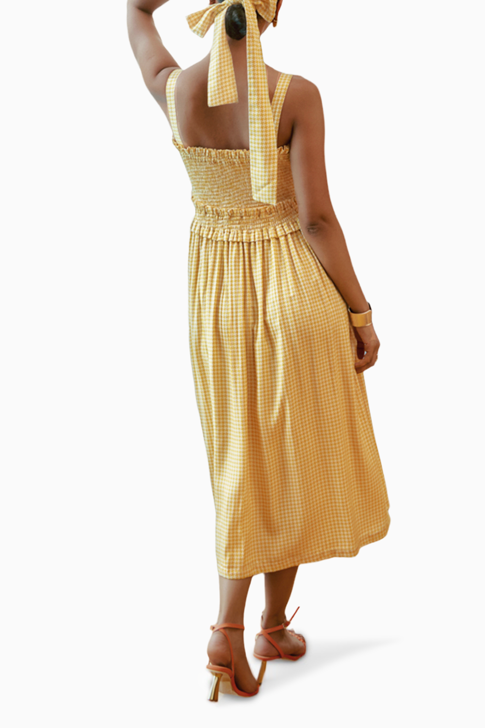 Sun-kissed Yellow Houndstooth Printed Smocked Midi Dress