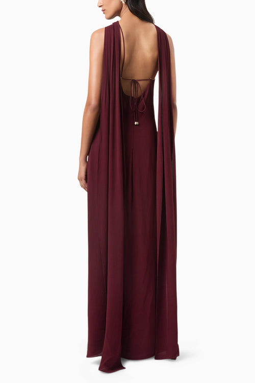 Wine Rosette Halter Maxi Gown