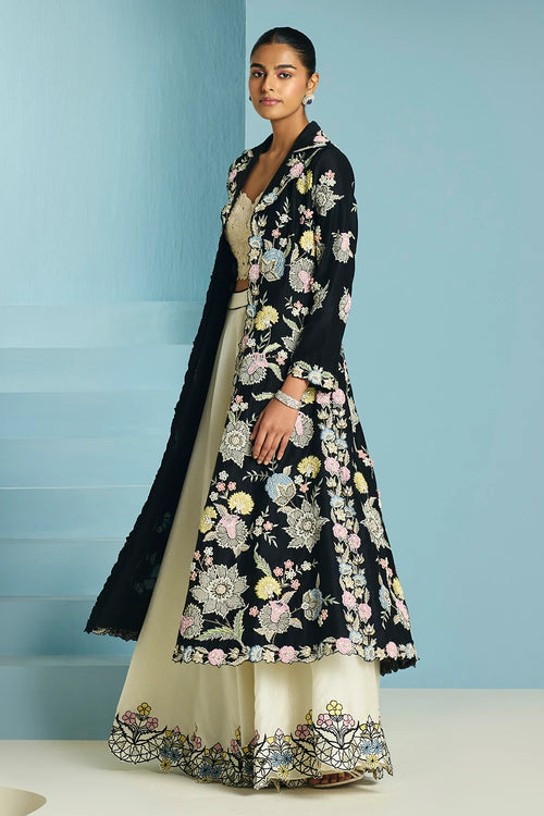 Black Multipastel Flared Long Jacket