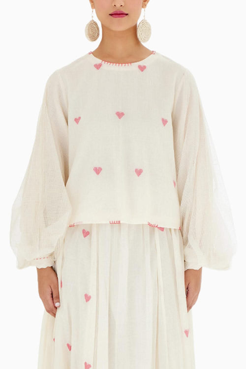 Cream Jamdani Bubble Sleeve Top