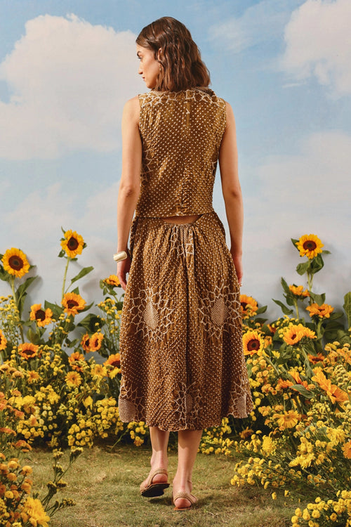 Mocha Gajji Silk Bandhani Dress
