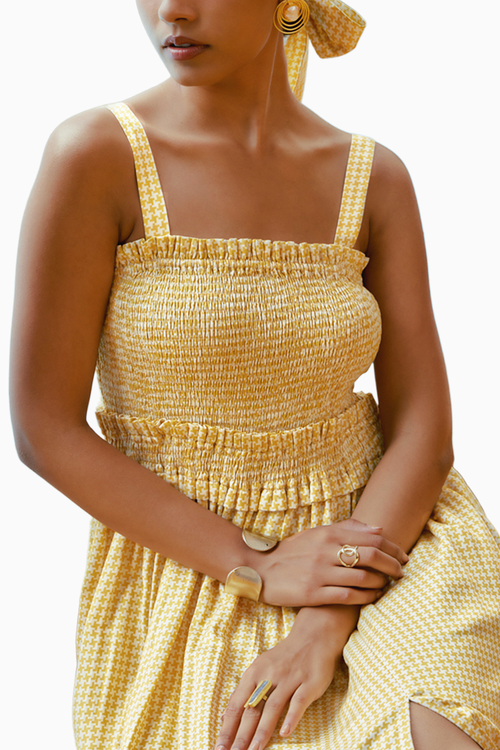 Sun-kissed Yellow Houndstooth Printed Smocked Midi Dress