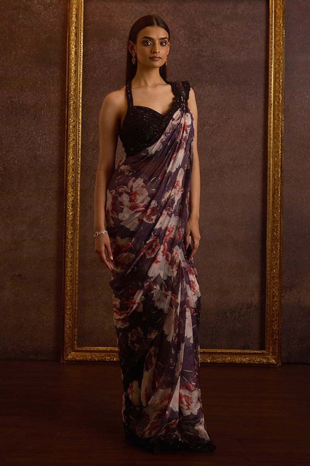 Miorah Black Embellished Printed Organza Pre Stitched Saree Set