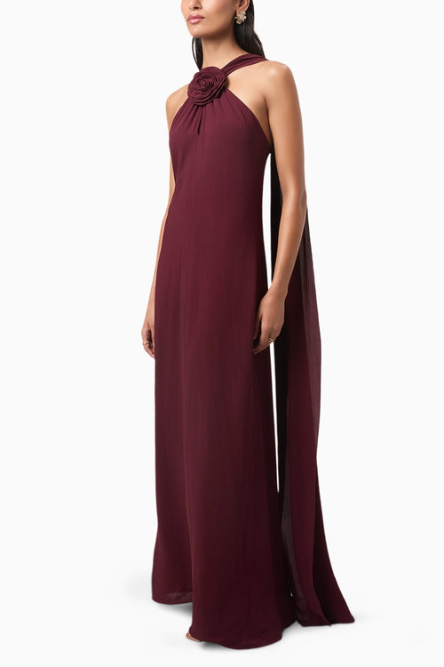 Wine Rosette Halter Maxi Gown