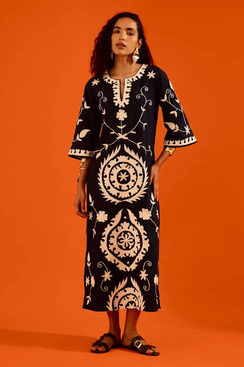 Midnight Cotton Maxi Dress with Thread Embroidery