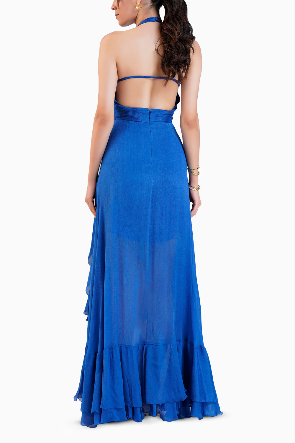 Blue Halter Neck  Dress With Embroidery At Waist