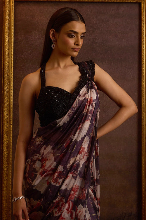 Miorah Black Embellished Printed Organza Pre Stitched Saree Set
