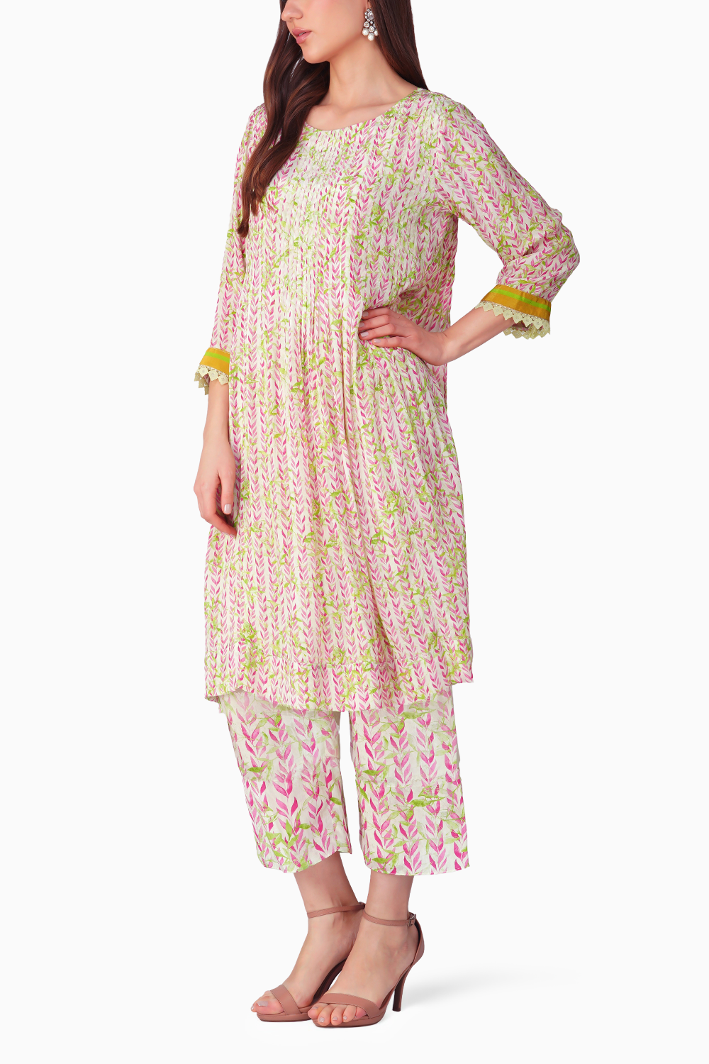 Pink Leaf Pleated Tunic Set