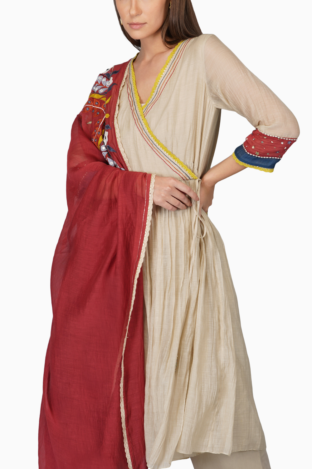 Applique Dupatta Kora Angrakha Set