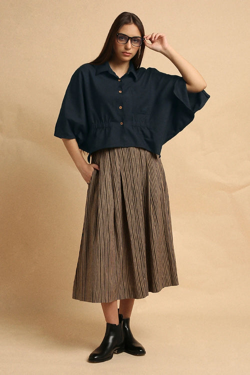 Charcoal Collar Crop Top And Brown Box Pleated Skirt Set