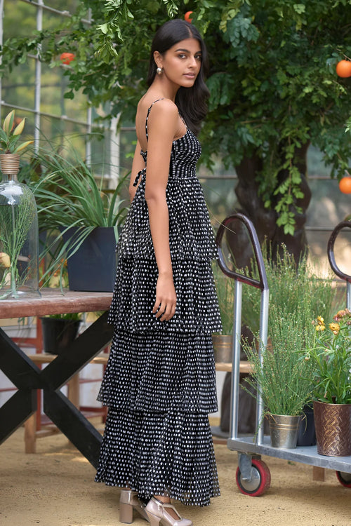 Pleated Polka Dot Tiered Maxi Dress