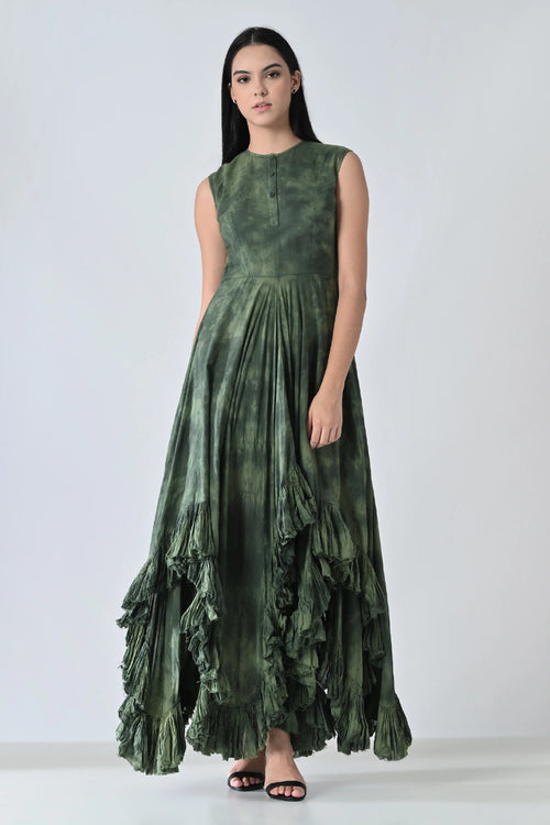 Green Forest  Cascade Ruffled High Low Printed Dress