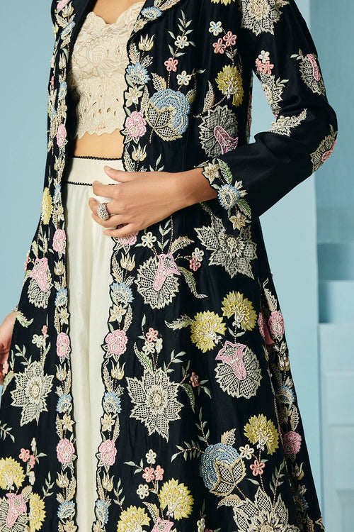 Black Multipastel Flared Long Jacket