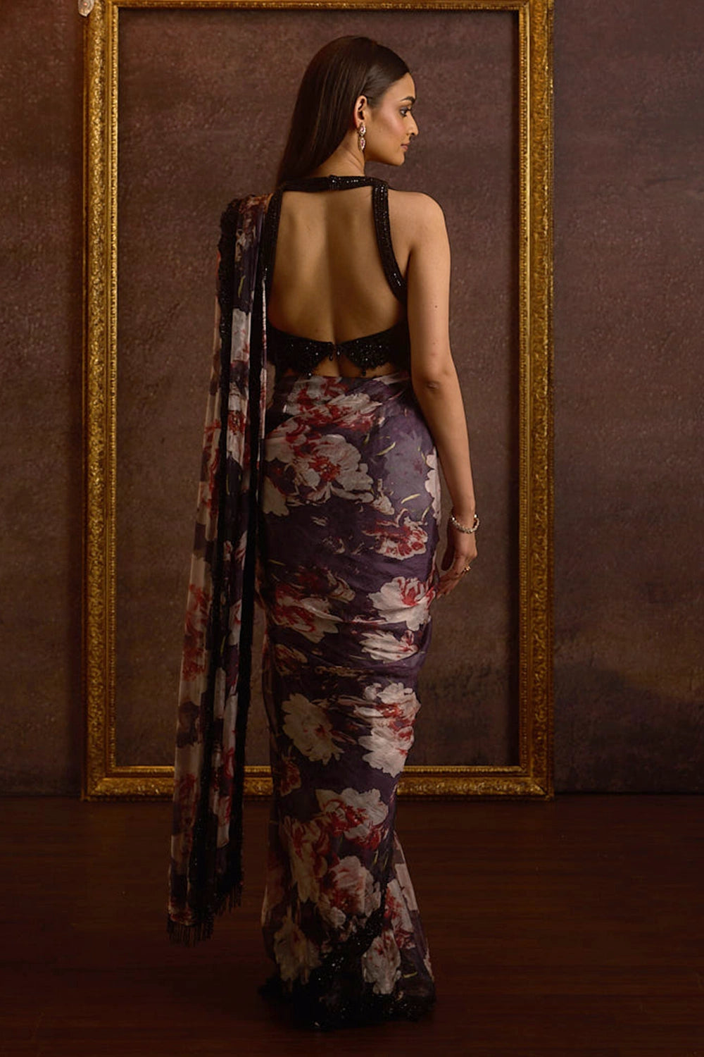 Miorah Black Embellished Printed Organza Pre Stitched Saree Set