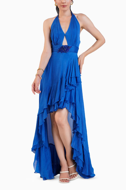 Blue Halter Neck  Dress With Embroidery At Waist