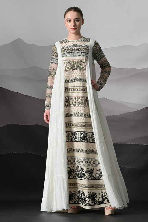 Ivory Artisanal Embroidered Gown With Panelled Overlay