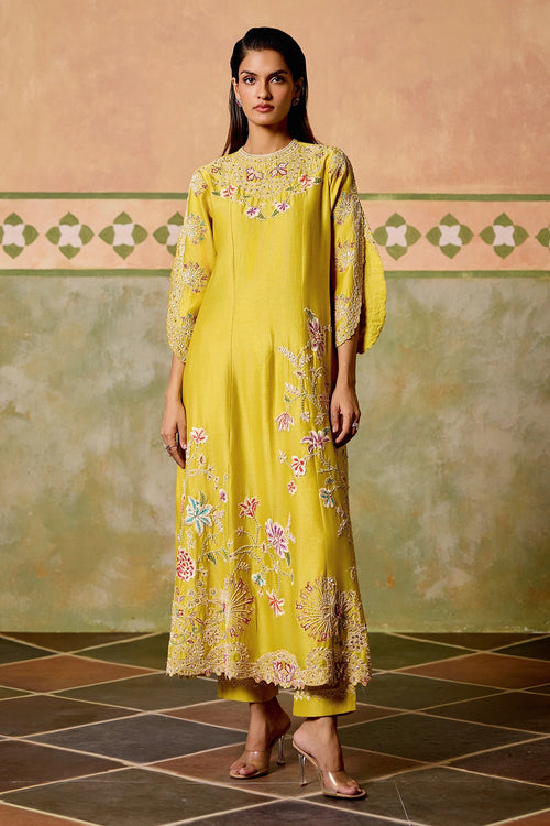 Yellow Contrast Cordwork Flared Kurta with Sheer Panel Pants