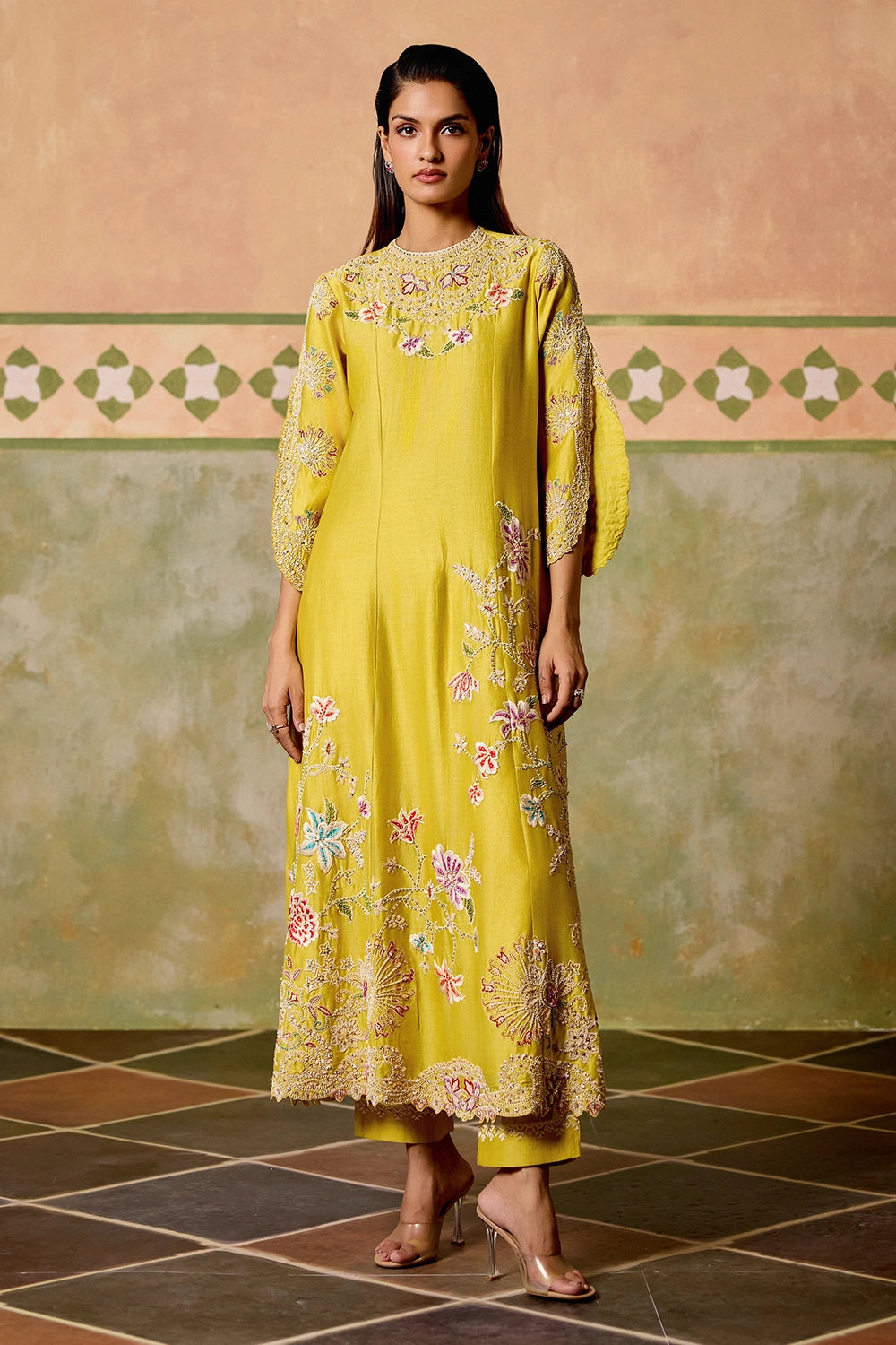 Yellow Contrast Cordwork Flared Kurta with Sheer Panel Pants