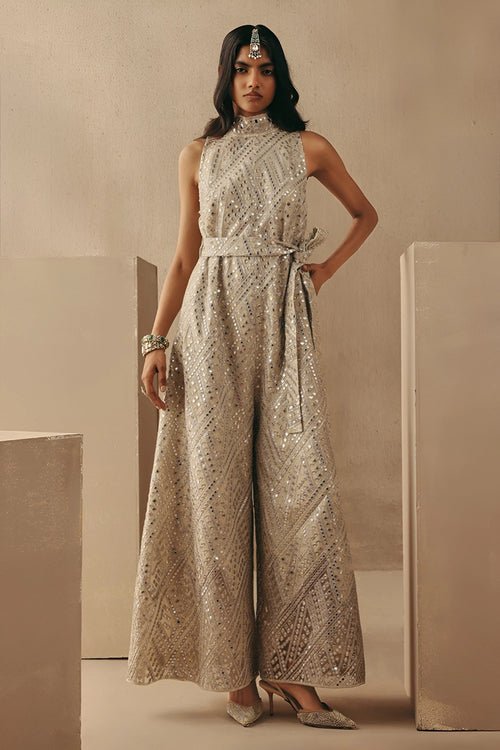 Natural Hi Neck Mirrorwork Jumpsuit