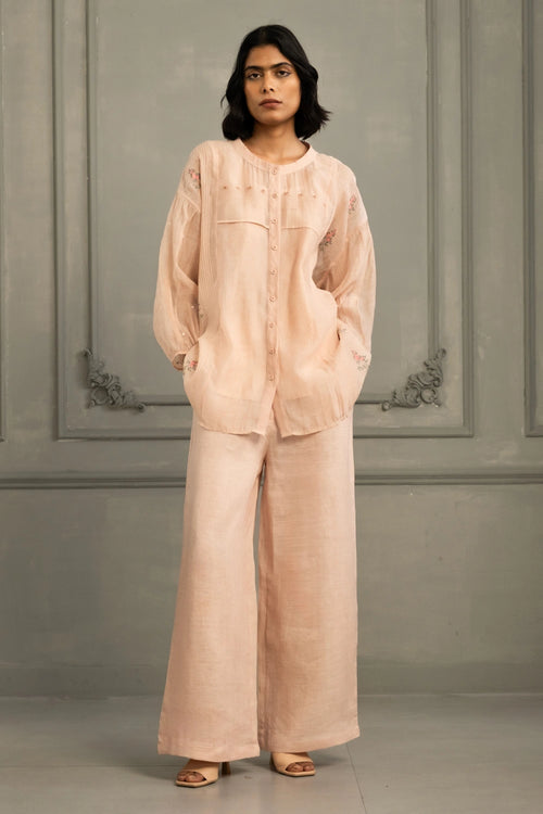 Old Rose Mul Chanderi Embroidered Shirt And Linen Pants Set