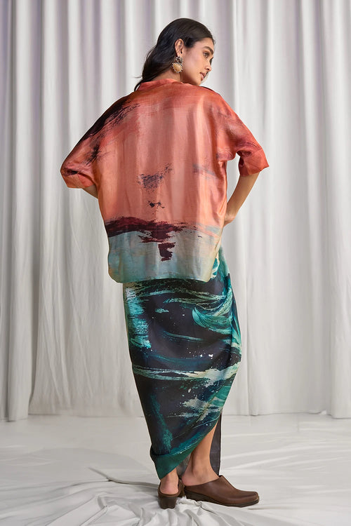Abstract Brushstroke Print Boxy Shirt And Skirt Set