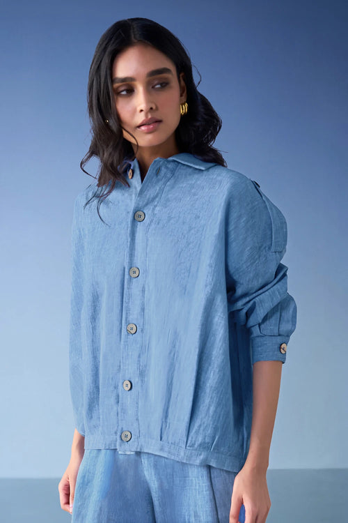 Box Pleated Linen-Textured Shirt